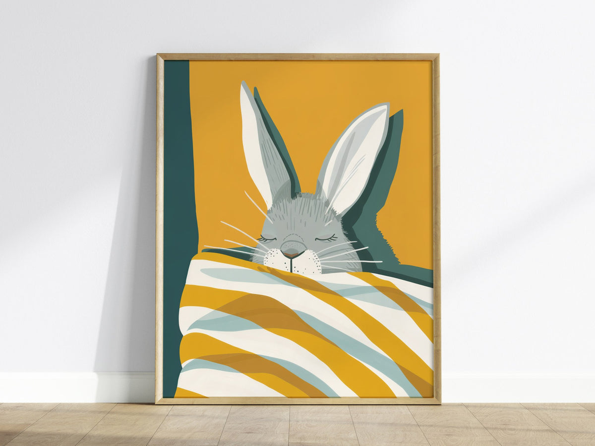 Rabbit Under Quilt Poster | Mustard and Teal Flat Design Art Print | Cottagecore Wall Art — framed print on the wall