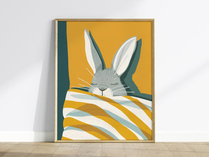Rabbit Under Quilt Poster | Mustard and Teal Flat Design Art Print | Cottagecore Wall Art — framed print on the wall