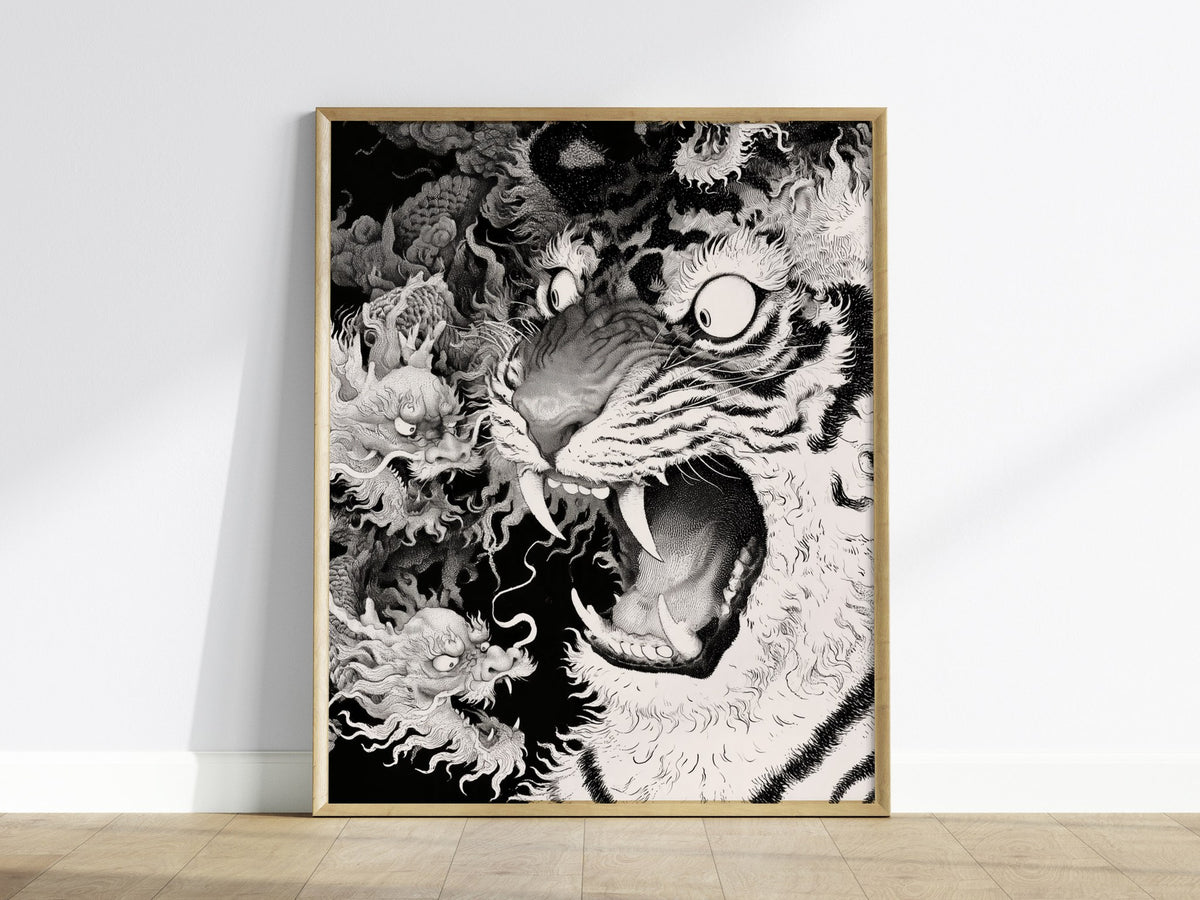 Tiger Plays Dragons Poster | Cream and Black Pen and Ink Art Print | Dark Fantasy Wall Art — framed print on the wall