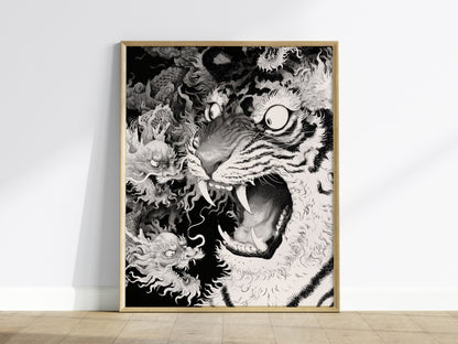 Tiger Plays Dragons Poster | Cream and Black Pen and Ink Art Print | Dark Fantasy Wall Art — framed print on the wall