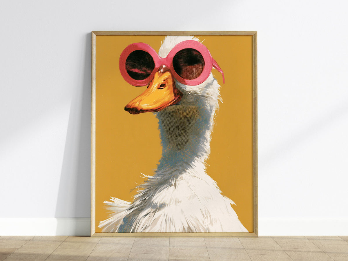 Duck in Pink Shades Poster | Mustard and Pink Screen Print Art Print | Playful Modern Wall Art — framed print on the wall