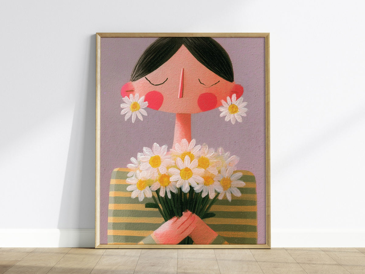 Daisy Earrings Poster | Sage and Butter Cute Art Print | Editorial Wall Art — framed print on the wall