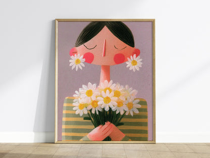 Daisy Earrings Poster | Sage and Butter Cute Art Print | Editorial Wall Art — framed print on the wall