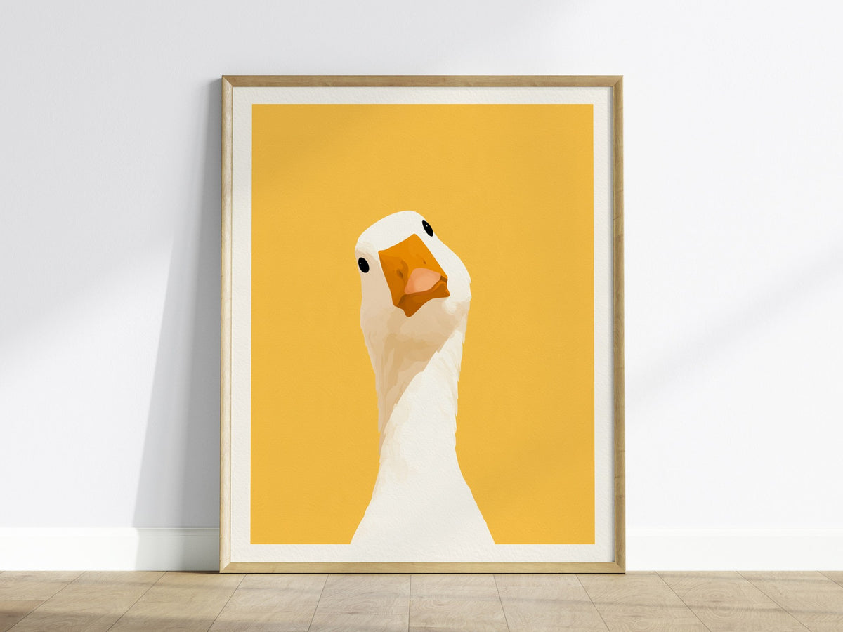 Goose Tilts Head Poster | White and Gold Flat Design Art Print | Kids Room Wall Art — framed print on the wall