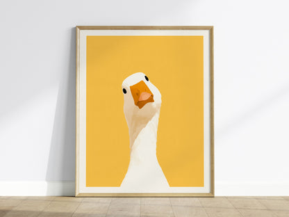 Goose Tilts Head Poster | White and Gold Flat Design Art Print | Kids Room Wall Art — framed print on the wall