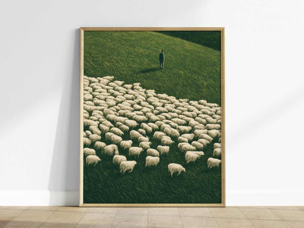 Shepherd Counts Flock Poster | Green and Cream Illustrative Art Print | Cottagecore Wall Art — framed print on the wall