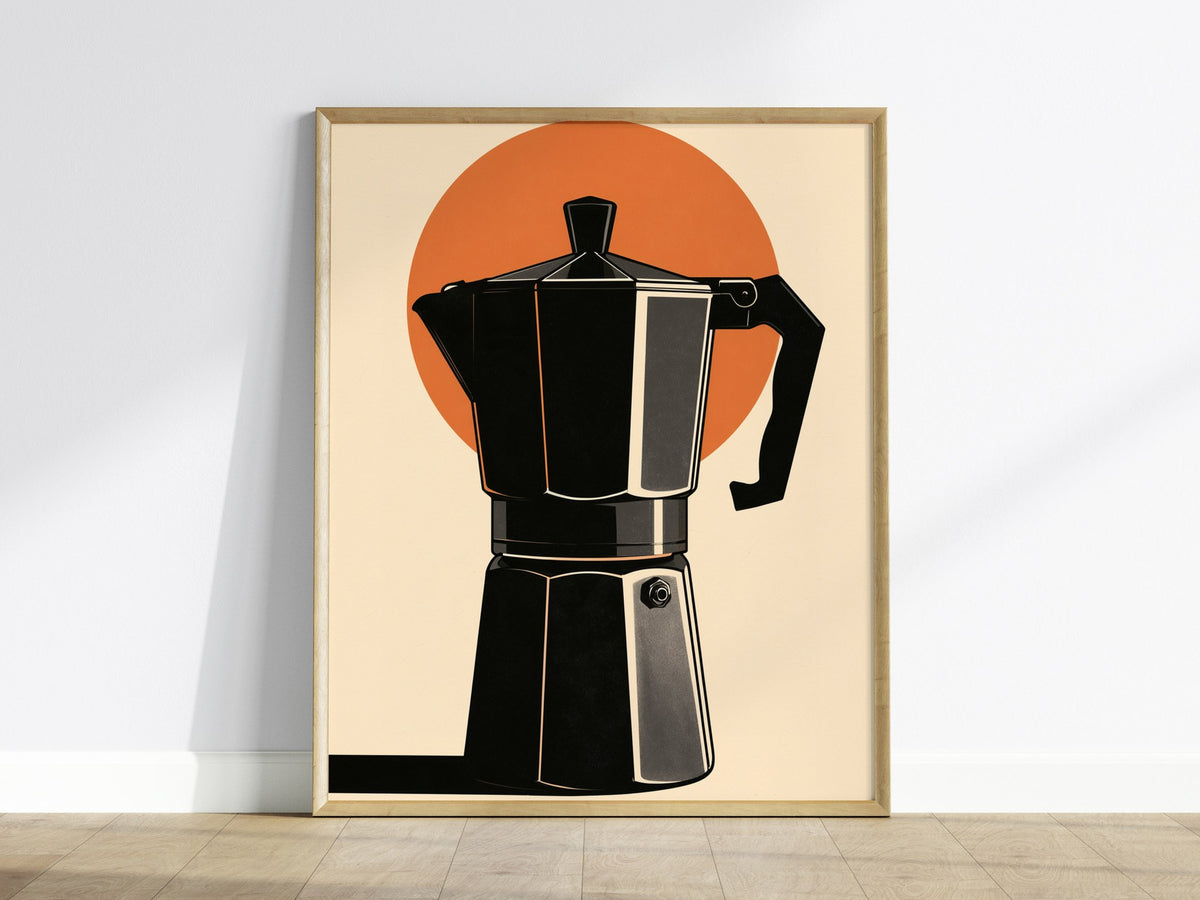 Espresso Machine Icon Poster | Burnt Orange Minimalism Art Print | Kitchen Wall Art — framed print on the wall