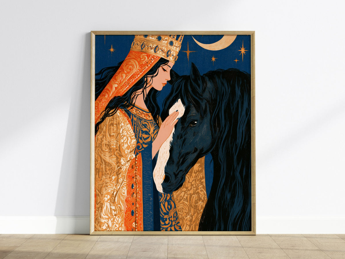 Queen Greets Night Poster | Gold and Midnight Illustrative Art Print | Dark Fantasy Wall Art — framed print on the wall