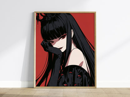 Demon Queen Watches Poster | Red and Black Illustrative Art Print | Dark Fantasy Wall Art — framed print on the wall