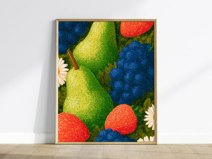 Fruit Bursts Bright Poster | Saturated Primary Illustrative Art Print | Kitchen Wall Art — framed print on the wall