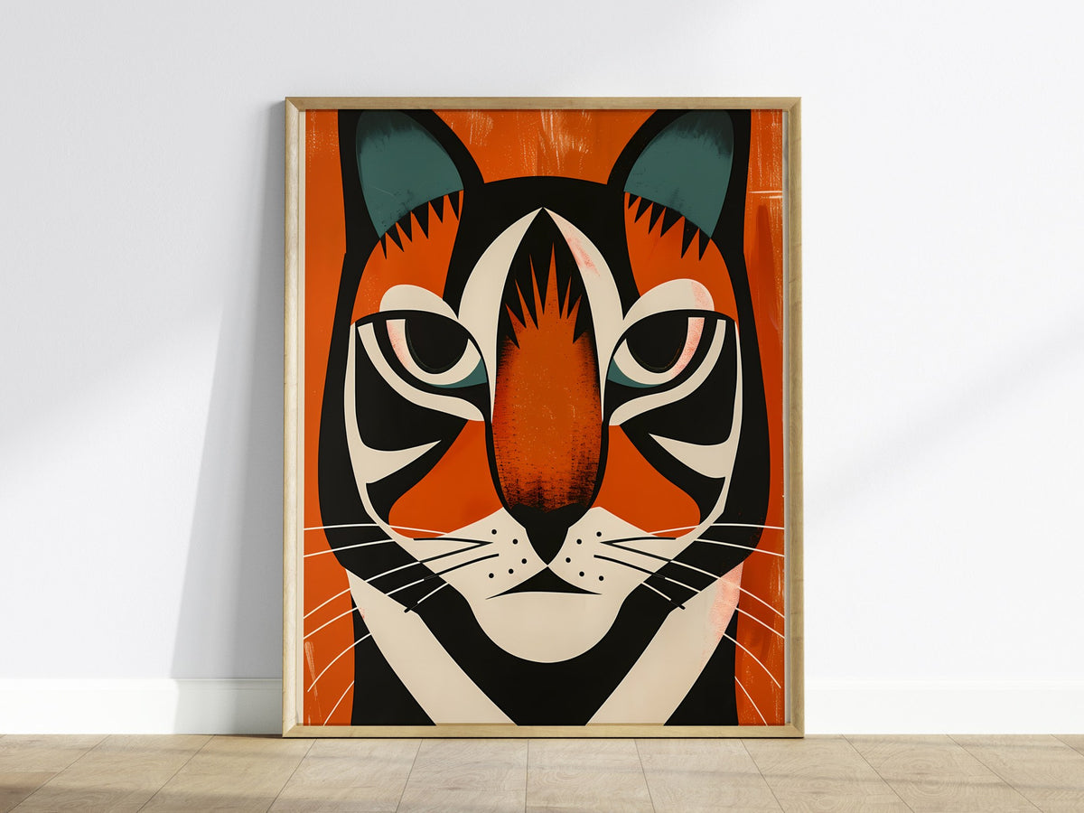 Tiger Stripes Poster | Orange and Teal Flat Design Art Print | Kids Room Wall Art — framed print on the wall