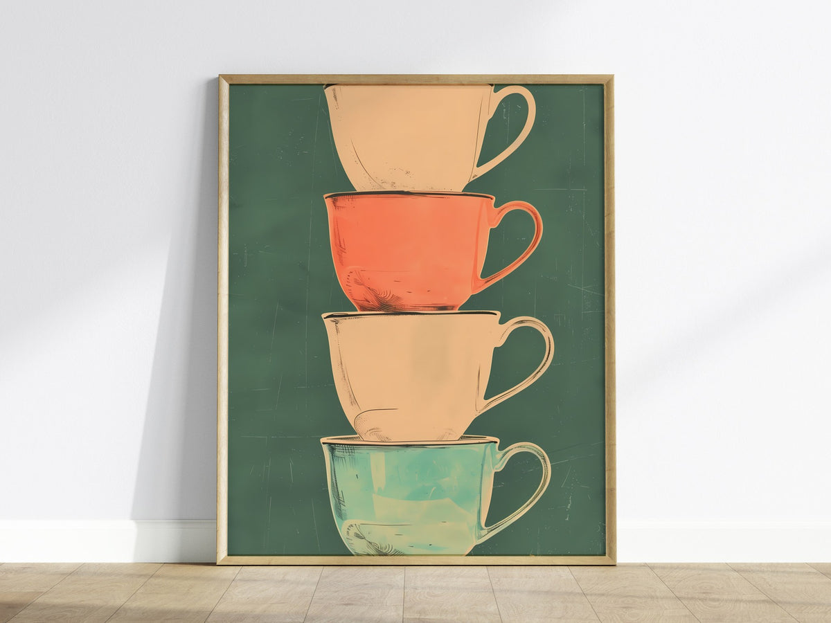 Stacked Teacups Poster | Coral and Teal Screen Print Art Print | Kitchen Wall Art — framed print on the wall