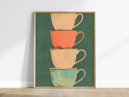 Stacked Teacups Poster | Coral and Teal Screen Print Art Print | Kitchen Wall Art — framed print on the wall