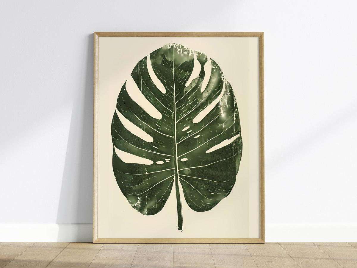 Monstera Leaf Grid Poster | Forest Green Screen Print Art Print | Botanical Wall Art — framed print on the wall