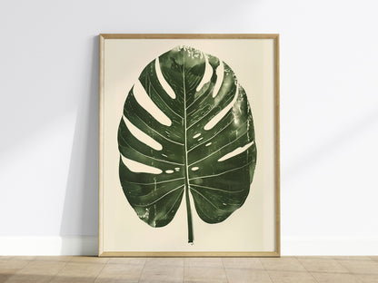 Monstera Leaf Grid Poster | Forest Green Screen Print Art Print | Botanical Wall Art — framed print on the wall