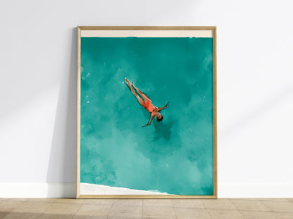 Swimmer in Pool Poster | Teal and Coral Watercolor Art Print | Spa Wall Art — framed print on the wall