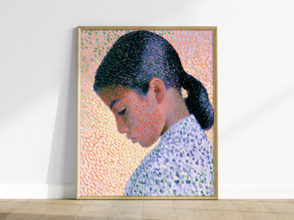 Girl in Ponytail Poster | Coral and Purple Oil Painting Art Print | Contemporary Portrait Wall Art — framed print on the wall