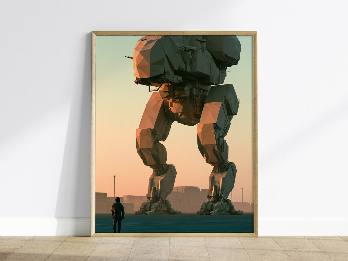 Mech Waits Dawn Poster | Teal and Orange Low Poly Art Print | Sci-Fi Wall Art — framed print on the wall