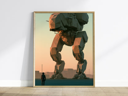 Mech Waits Dawn Poster | Teal and Orange Low Poly Art Print | Sci-Fi Wall Art — framed print on the wall