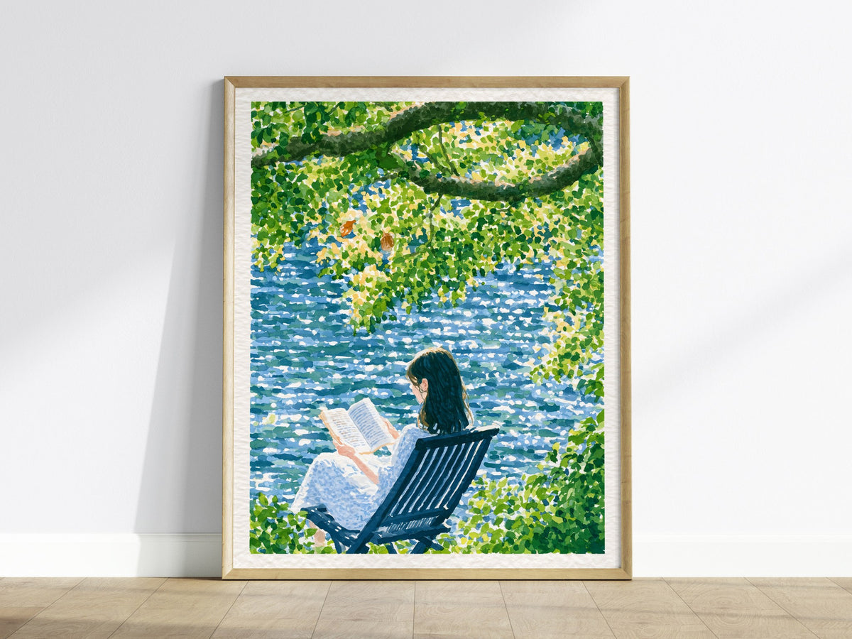 Reader by Water Poster | Blue and Yellow-Green Japanese Watercolor Art Print | Contemplative Readers Wall Art — framed print