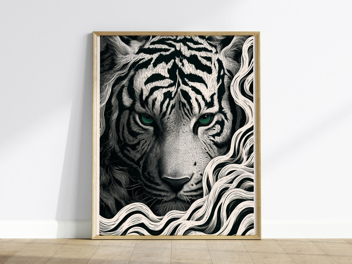White Tiger Surfaces Poster | Black and Cream Pen and Ink Art Print | Dark Academia Wall Art — framed print on the wall