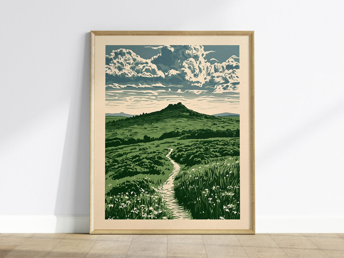 Moorland Cloud Tower Poster | Green and Cream Screen Print Art Print | Nature Lover Wall Art — framed print on the wall