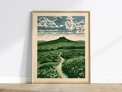 Moorland Cloud Tower Poster | Green and Cream Screen Print Art Print | Nature Lover Wall Art — framed print on the wall