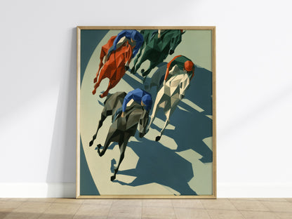 Jockeys Take the Turn Poster | Cobalt and Rust Low Poly Art Print | Modern Sports Wall Art — framed print on the wall