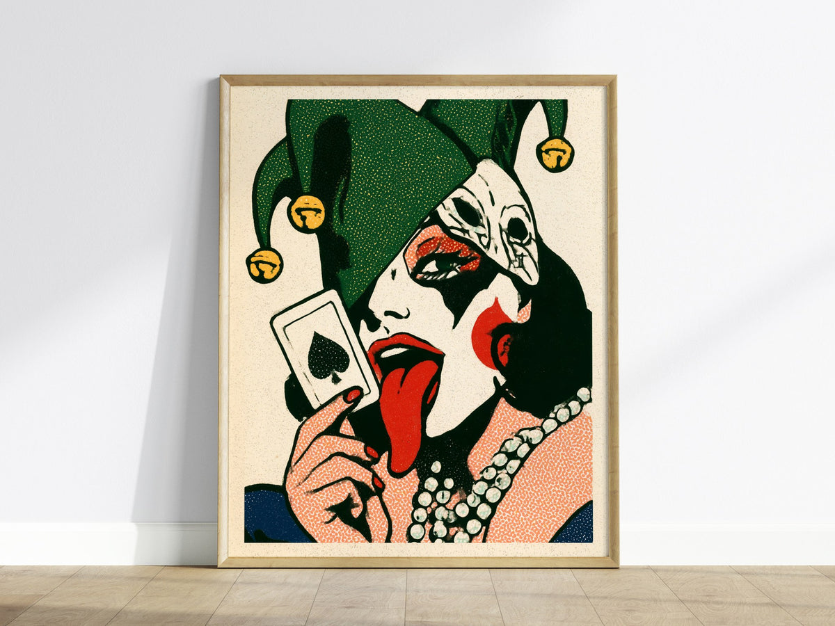 Joker Licks Ace Poster | Green and Red Screen Print Art Print | Dark Fantasy Wall Art — framed print on the wall