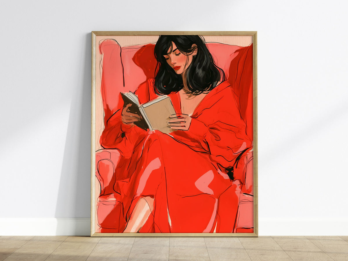 Woman Reading In Red Poster | Coral and Pink Illustrative Art Print | Quiet Interiors Wall Art — framed print on the wall