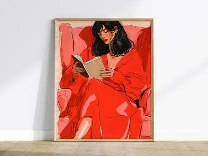 Woman Reading In Red Poster | Coral and Pink Illustrative Art Print | Quiet Interiors Wall Art — framed print on the wall
