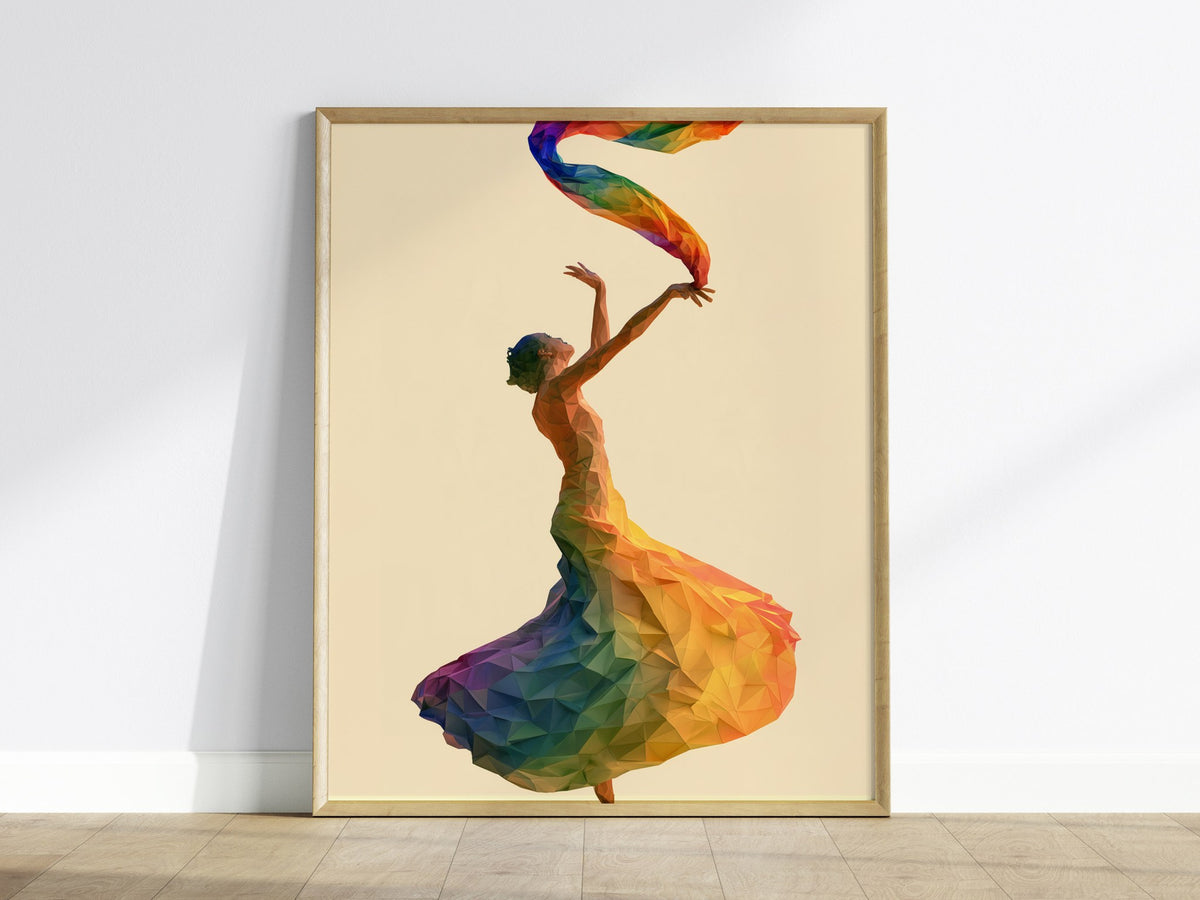 Dancer Unfurls Rainbow Poster | Rainbow Jewel Tones Low Poly Art Print | Modern Minimalist Wall Art — framed print on the wal