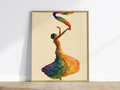 Dancer Unfurls Rainbow Poster | Rainbow Jewel Tones Low Poly Art Print | Modern Minimalist Wall Art — framed print on the wal