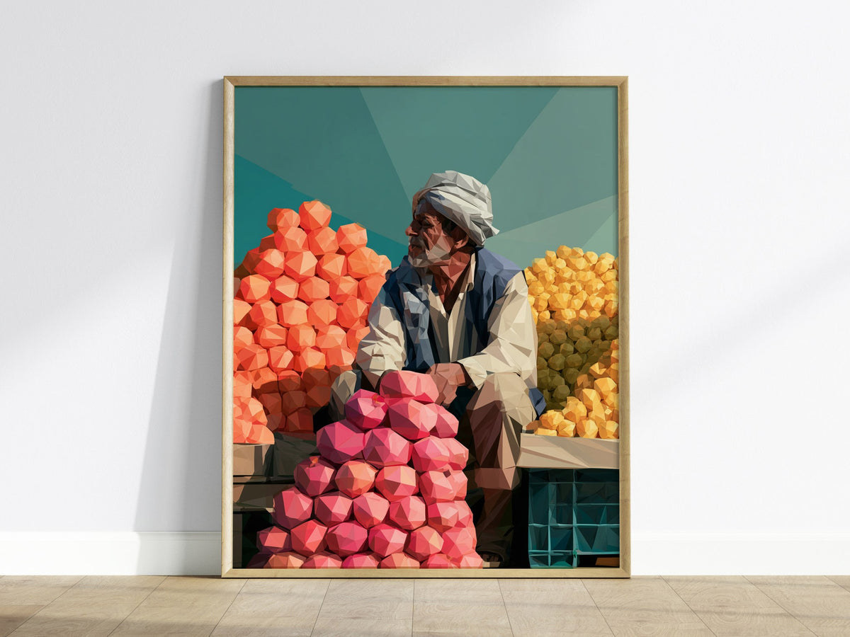 Fruit Seller Waits Poster | Navy and Hot Low Poly Art Print | Kitchen Wall Art — framed print on the wall