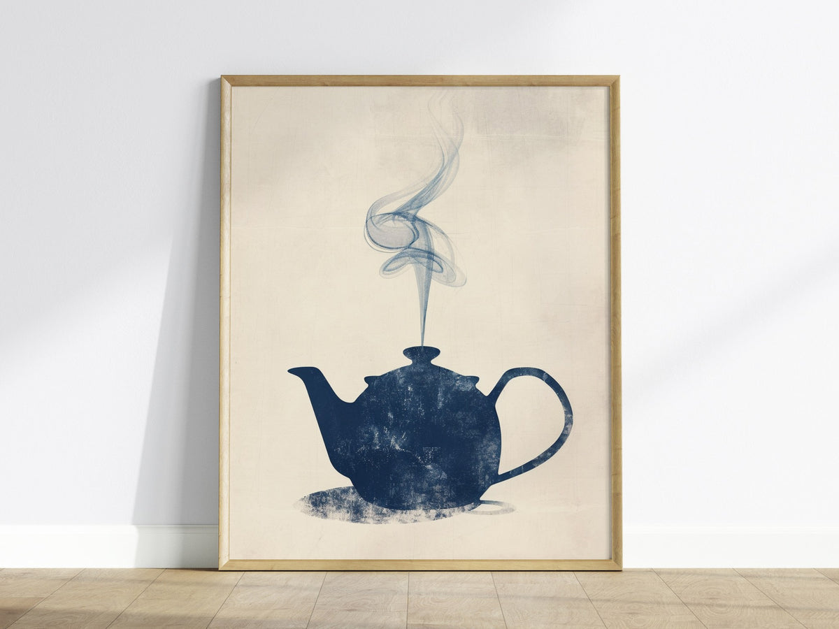 Kettle Steam Poster | Navy and Cream Minimalism Art Print | Kitchen Wall Art — framed print on the wall