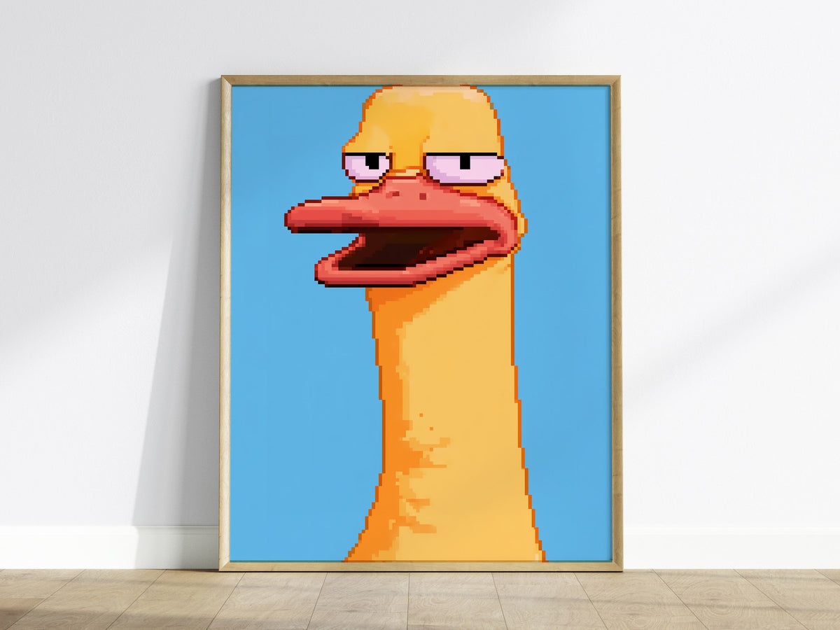 Tired Duck Portrait Poster | Pink and Yellow Pixel Art Print | Gaming Wall Art — framed print on the wall