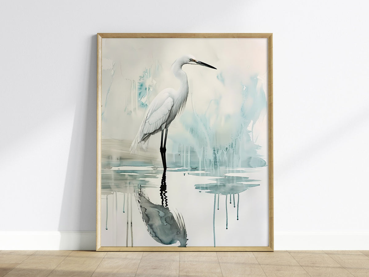 Wading Bird Poster | Sage and Cream Japanese Watercolor Art Print | Minimalist Wall Art — framed print on the wall