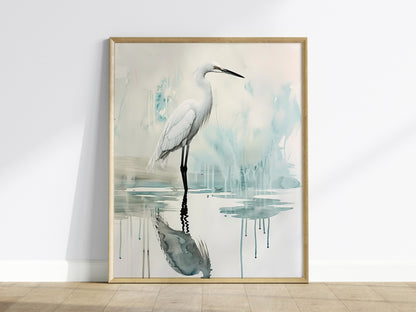 Wading Bird Poster | Sage and Cream Japanese Watercolor Art Print | Minimalist Wall Art — framed print on the wall