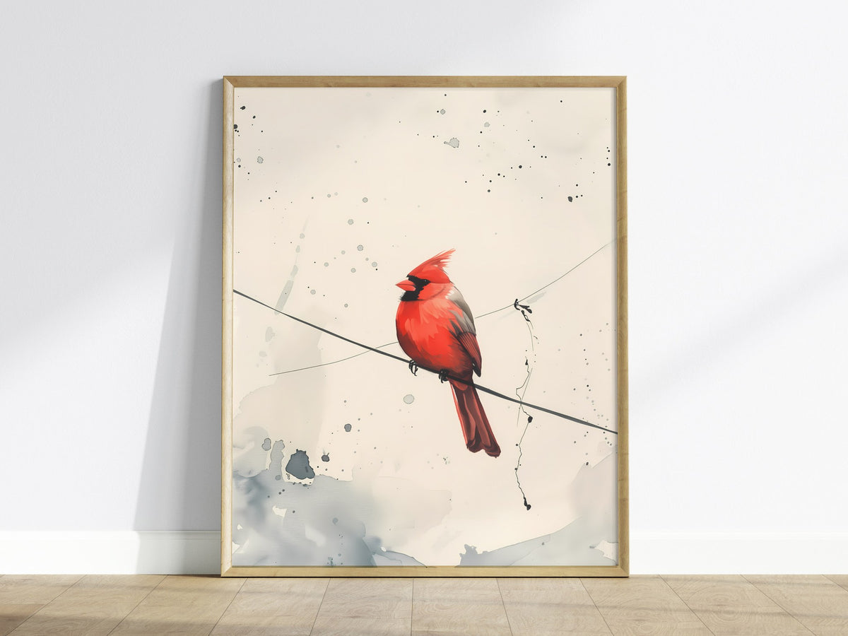 Cardinal on Wire Poster | Crimson and Grey Japanese Watercolor Art Print | Minimalist Wall Art — framed print on the wall
