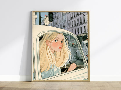 Girl Waits Red Poster | Cream and Sage Illustrative Art Print | Romantic Vintage Wall Art — framed print on the wall