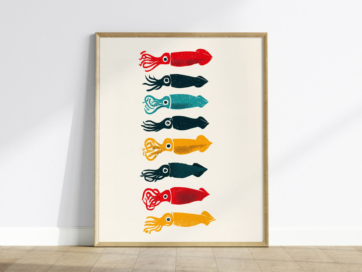 Five Squid Stack Poster | Multicolor Screen Print Art Print | Kitchen Wall Art — framed print on the wall