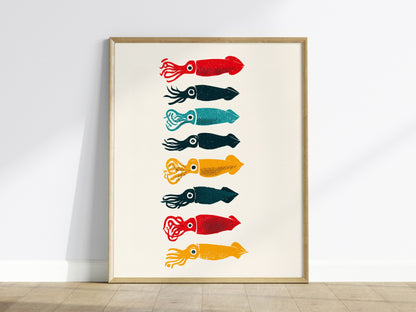 Five Squid Stack Poster | Multicolor Screen Print Art Print | Kitchen Wall Art — framed print on the wall