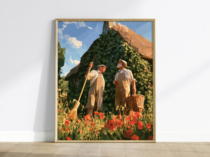 Gardeners Compare Notes Poster | Cream and Poppy Low Poly Art Print | Cottagecore Wall Art — framed print on the wall