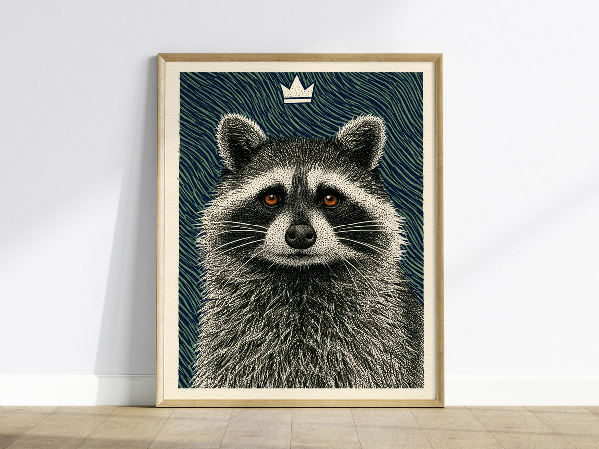 Raccoon Rules Stars Poster | Navy and Green Pen and Ink Art Print | Dark Academia Wall Art — framed print on the wall