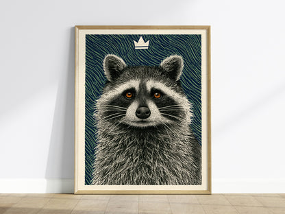 Raccoon Rules Stars Poster | Navy and Green Pen and Ink Art Print | Dark Academia Wall Art — framed print on the wall