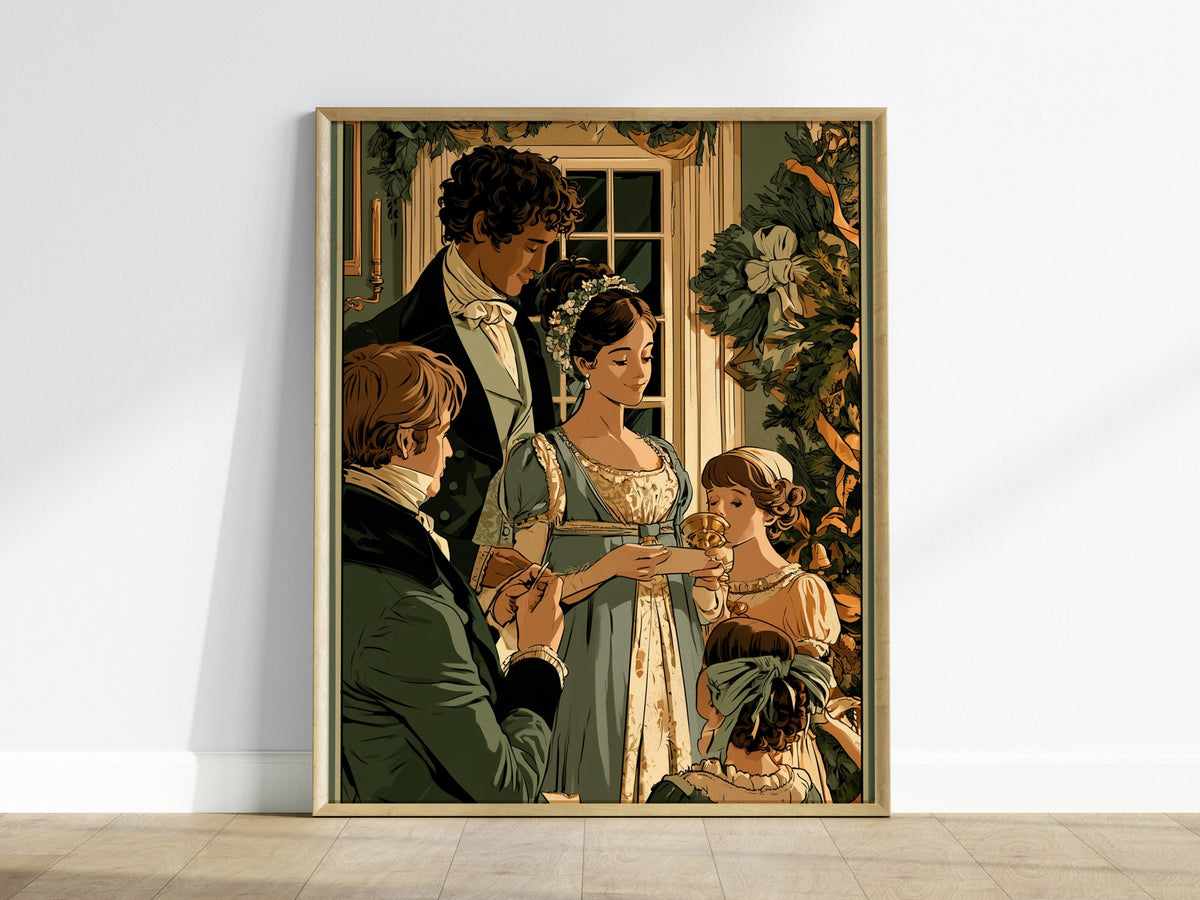 Regency Christmas Exchange Poster | Forest and Coral Illustrative Art Print | Regency Wall Art — framed print on the wall