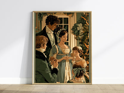 Regency Christmas Exchange Poster | Forest and Coral Illustrative Art Print | Regency Wall Art — framed print on the wall