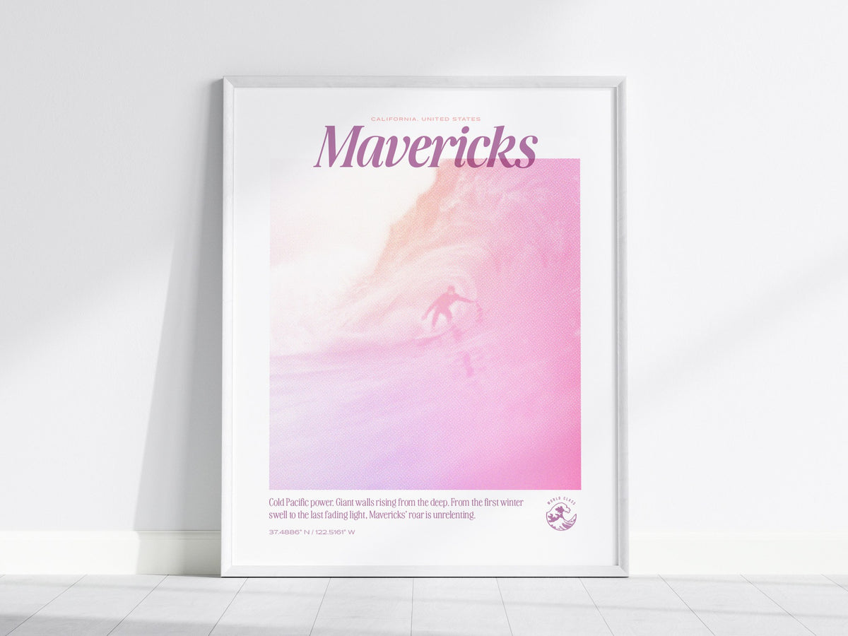 Mavericks - Retro Poster | Surf Art Print — framed print on the wall