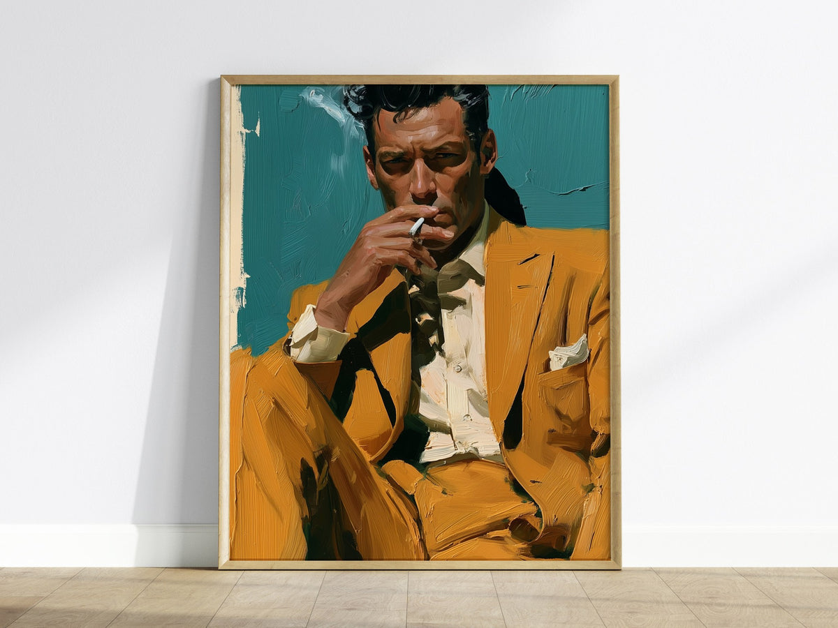 Man Lights Cigarette Poster | Teal and Mustard Oil Painting Art Print | Mid-Century Modern Wall Art — framed print on the wal