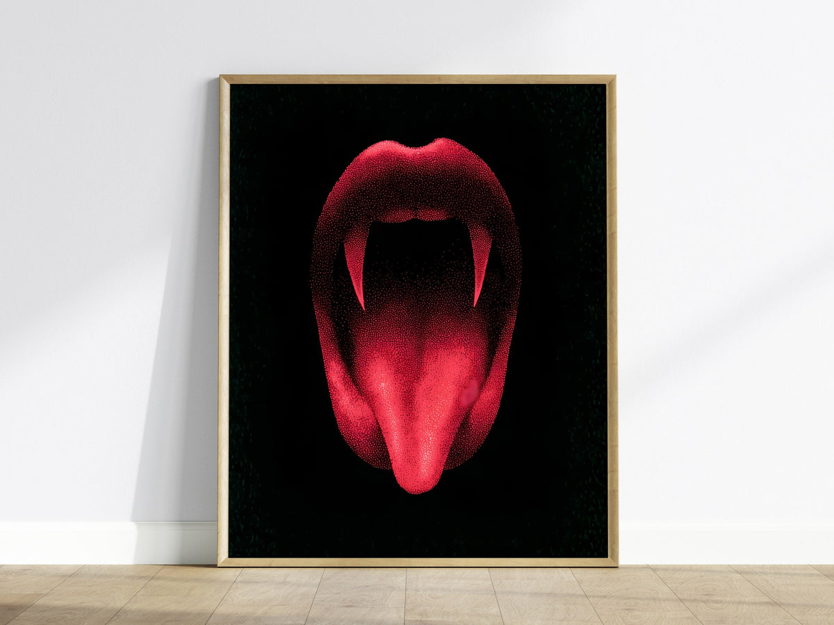 Vampire Smile Poster | Red and Black Pen and Ink Art Print | Goth Wall Art — framed print on the wall